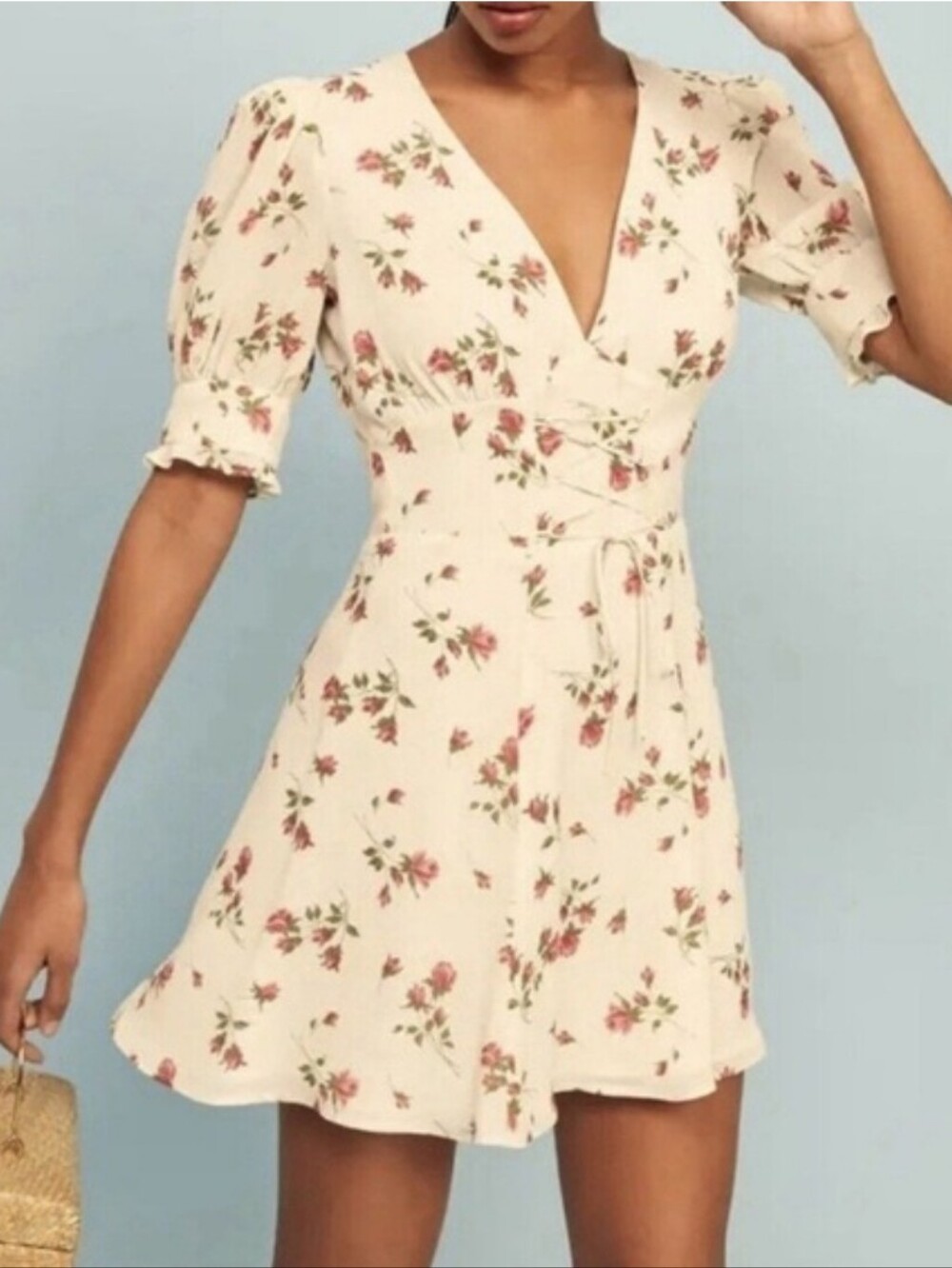 Reformation Steph Ivory Mini Dress with Red Rose Print